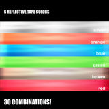 Color swatches of reflective tape in silver, orange, blue, green, brown, and red on a black background.