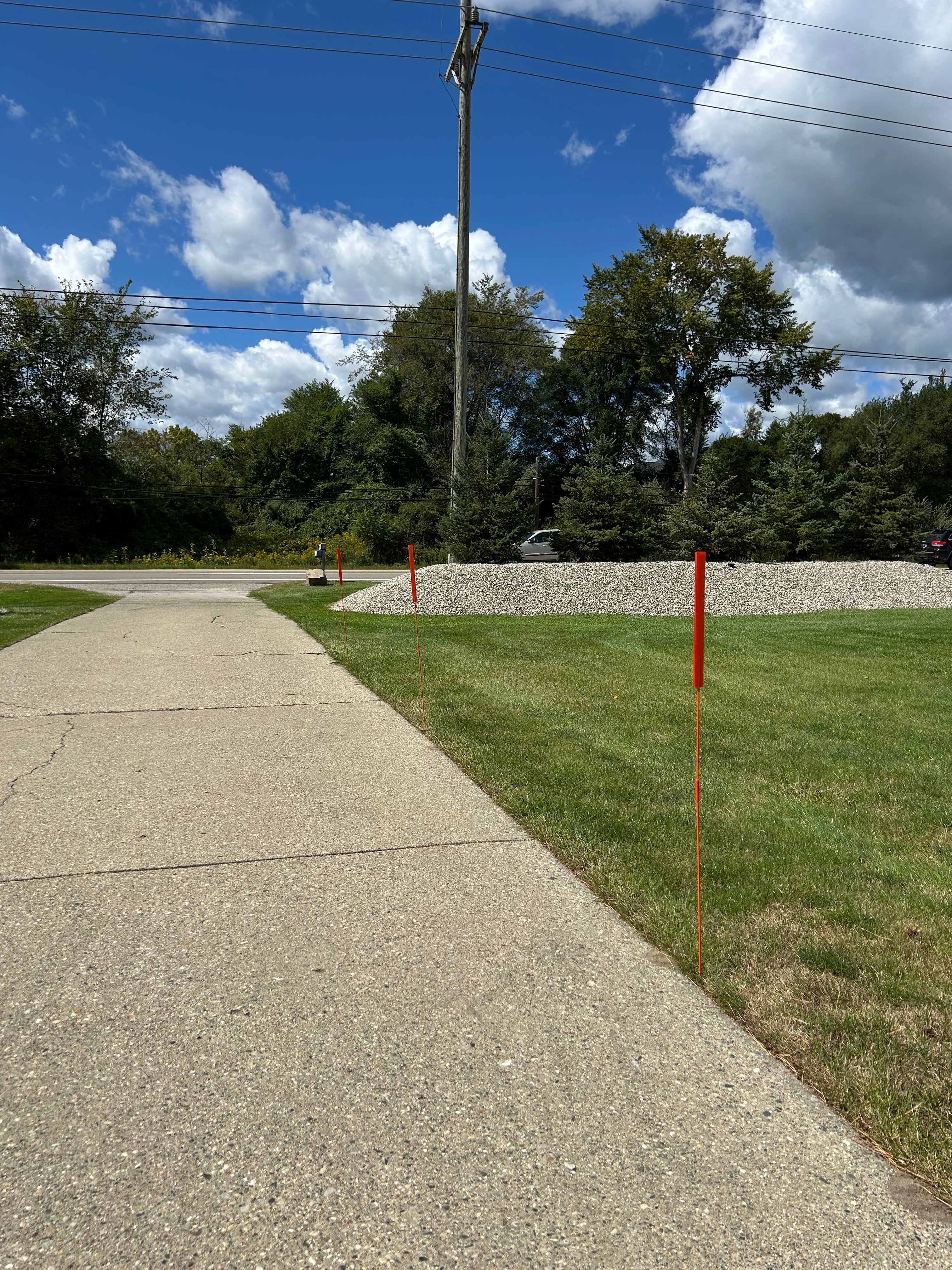 Sidewalk next to a grassy area with trees under a blue sky.