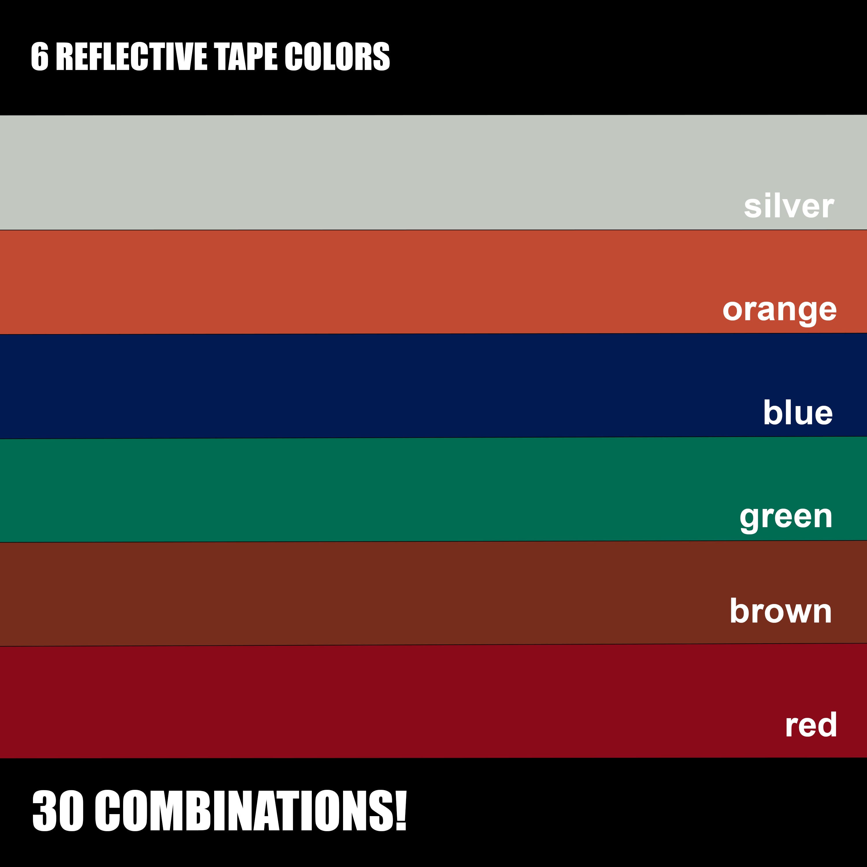 Color swatches of reflective tape in silver, orange, blue, green, brown, and red on a black background.