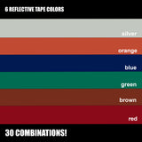 Color swatches of reflective tape in silver, orange, blue, green, brown, and red on a black background.