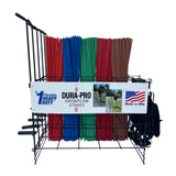 Display of Dura-Pro snowplow stakes in various colors with a stand on a white background.